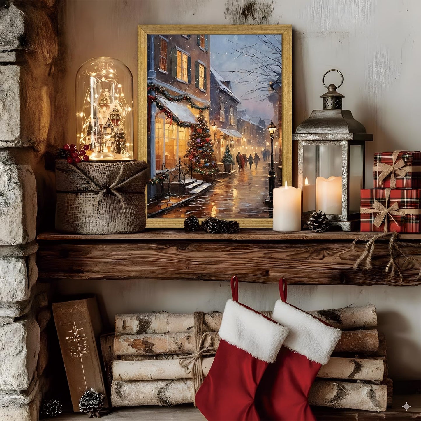 Vintage Christmas Wall Art, Christmas Tree Farm Scene with Red Barn, Rustic Winter Snow Street Canvas Print, Framed Holiday Oil Painting for Living Room Bedroom 12x16 Inch
