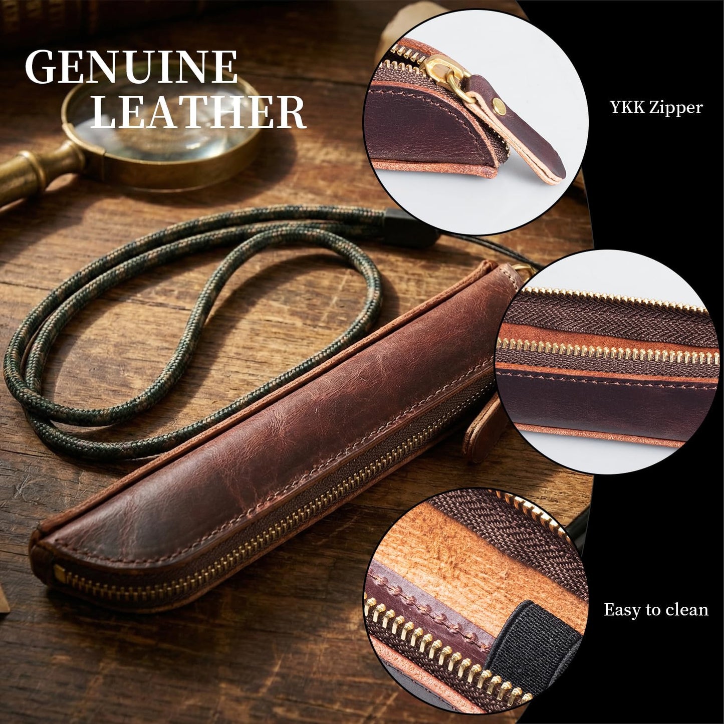 Gexmil Genuine Leather Pen Case, Full Grain Leather Mini Pencil Holder, Hand-made Stationery Bag for Work & Office, Vintage Style, Vegetable Tanned Leather