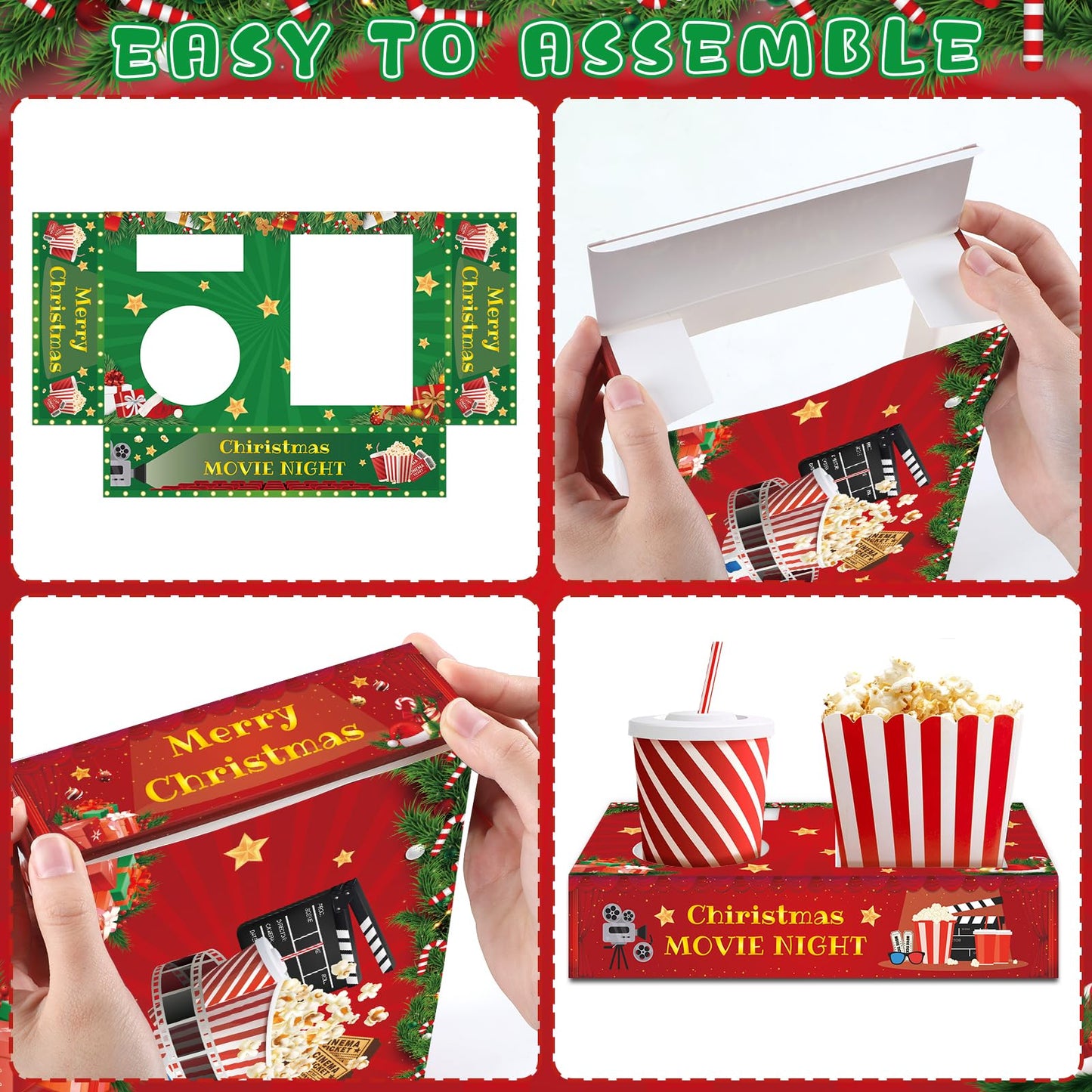32 Pcs Movie Night Snack Trays Hold Popcorn Candy Food Drink Boxes Merry Christmas Movie Night Party Supplies Christmas Popcorn Food Candy Drink Tray for Kid's Birthday Theater Family Xmas Party Decor