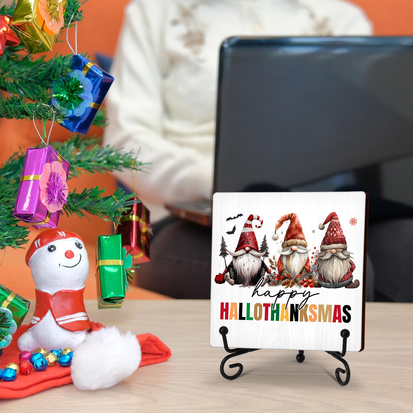 Cazhes Cute Christmas Gnomes Wooden Decor, Hallothanksmas Christmas Decorations for Home Bedroom, 5x5 Inches Xmas Decor with Iron Stand, Birthday New Year Gifts-G13