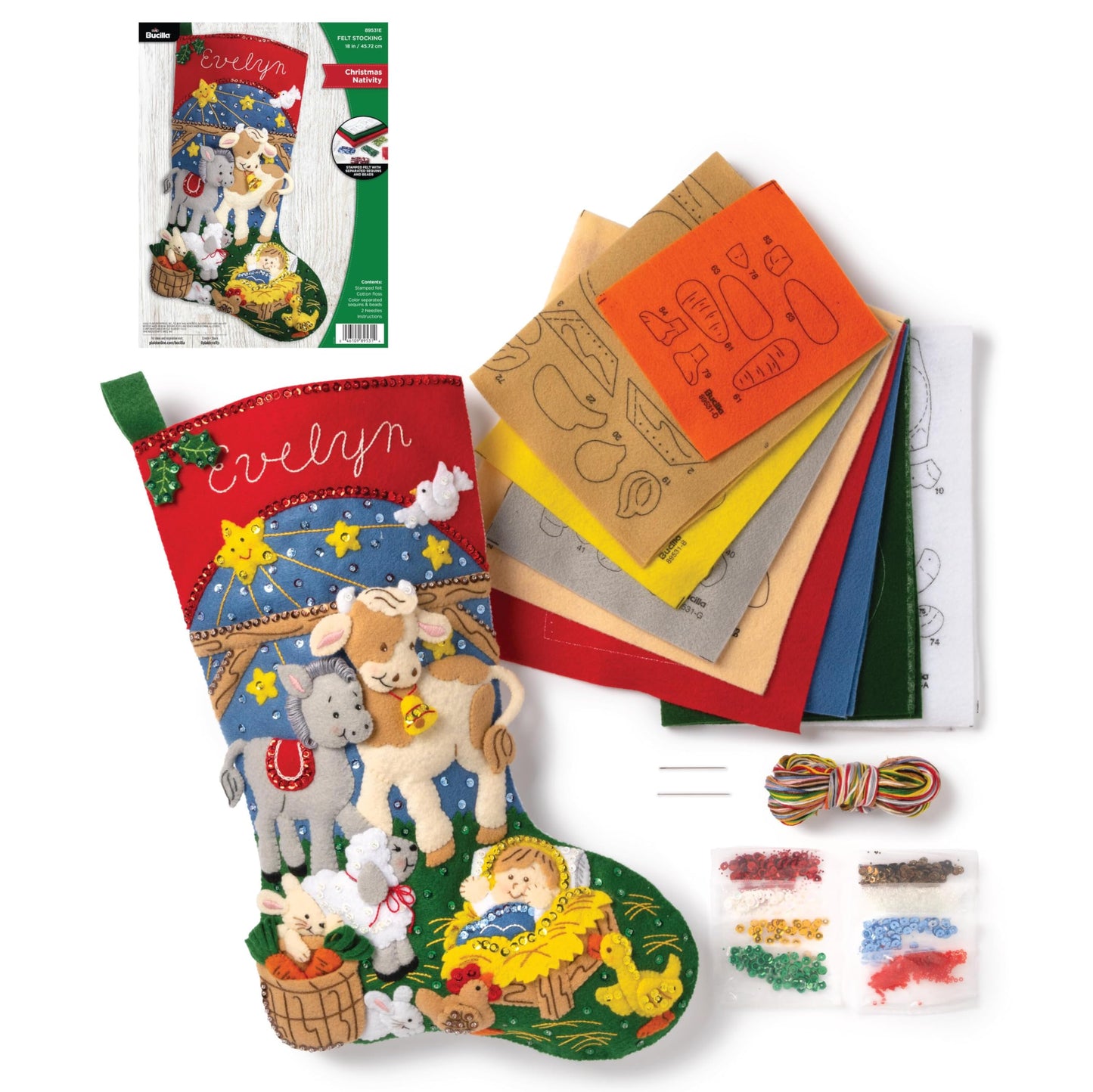 Bucilla Felt Applique 18" Stocking Making Kit, Christmas Nativity, Perfect for DIY Arts and Crafts, 89531E