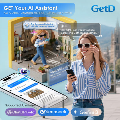 GetD AI Glasses for Men & Women, Smart Glasses Powered by ChatGPT, AI Real-time Translation with 145 Languages, 11H Music Play, Bluetooth Glasses with Photochromic Lens for Daily Use, Travel