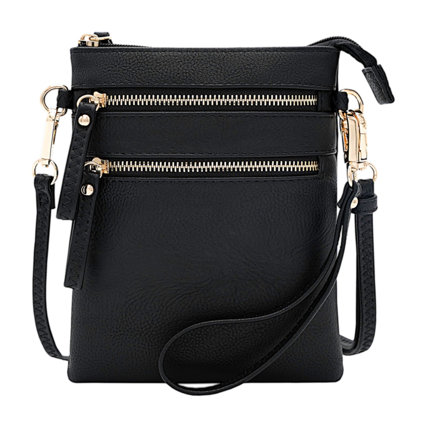 Solene Women's Faux Leather Organizer Multi Zipper Pockets Handbag With Detachable Wristlet Crossbody Bag-WU002(Black)