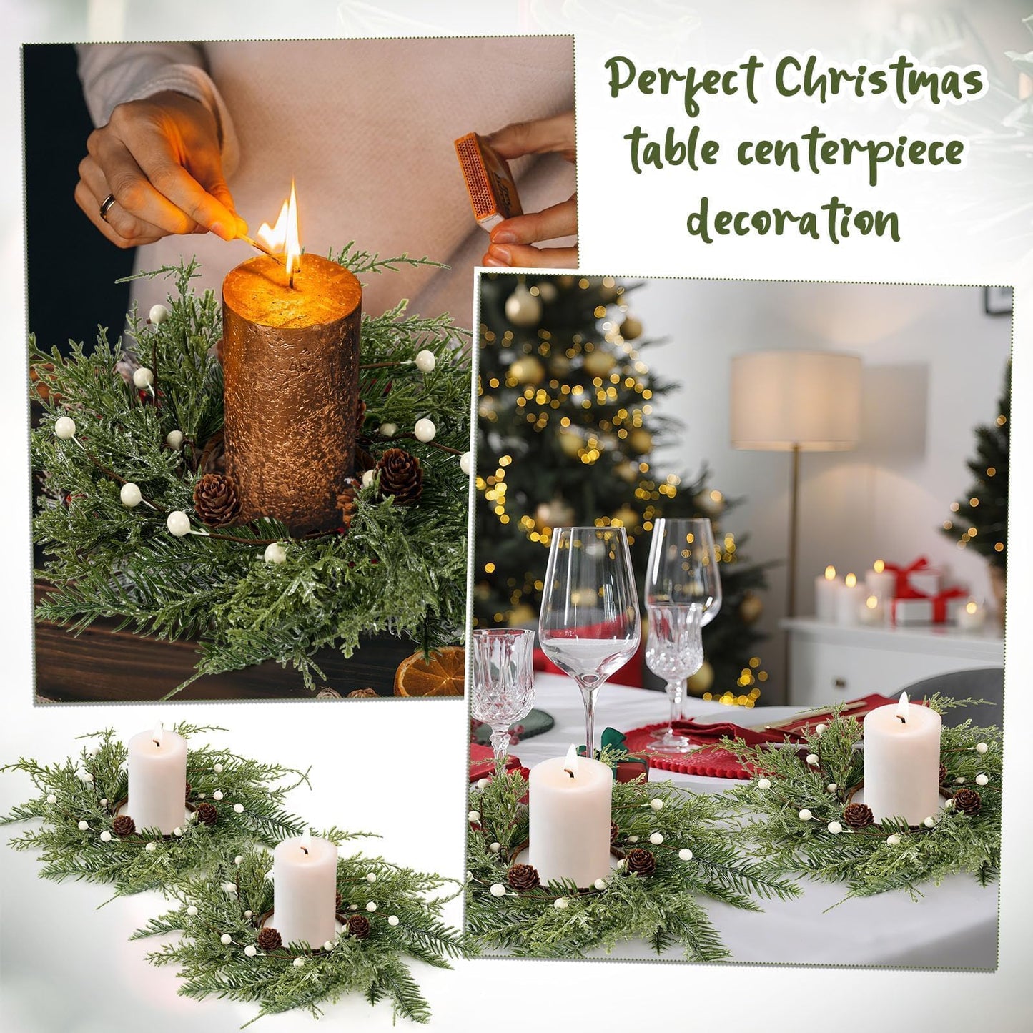 6 PCS Christmas Wreath Christmas Kitchen Cabinet Wreaths with Burlap Ribbon Mini Wreath Pine Garland Frosted Cedar Pine Cone Hanging Garlands Candle Rings for Front Door Window Chair Wall