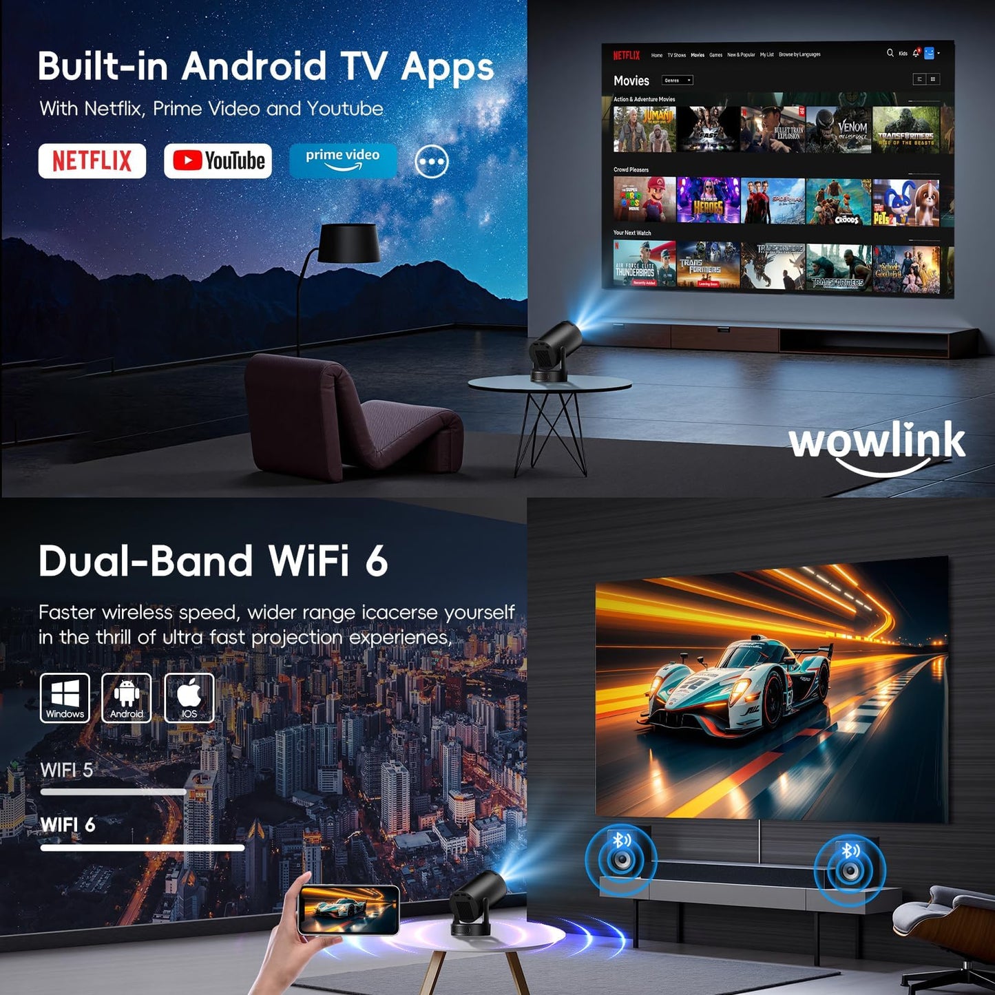 [Built-in Apps & 2025 Upgraded] Mini Projector with WiFi 6 and Bluetooth 5.4 Support 4K 1080P Auto Keystone 180° Rotatable Projector Portable Compatibile with HDMI/TV Stick/Memory Stick/Laptop, Black