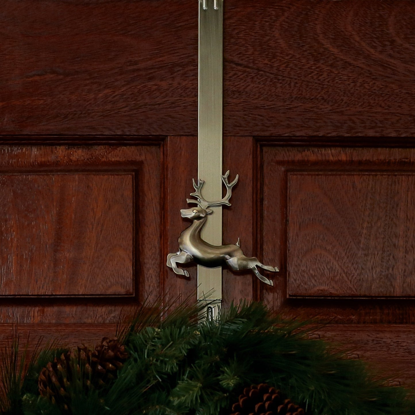 Haute Decor Adapt Adjustable Length Over The Door Wreath Hanger with Removable Icon (Antique Brass - Reindeer) for Christmas and Winter Holidays