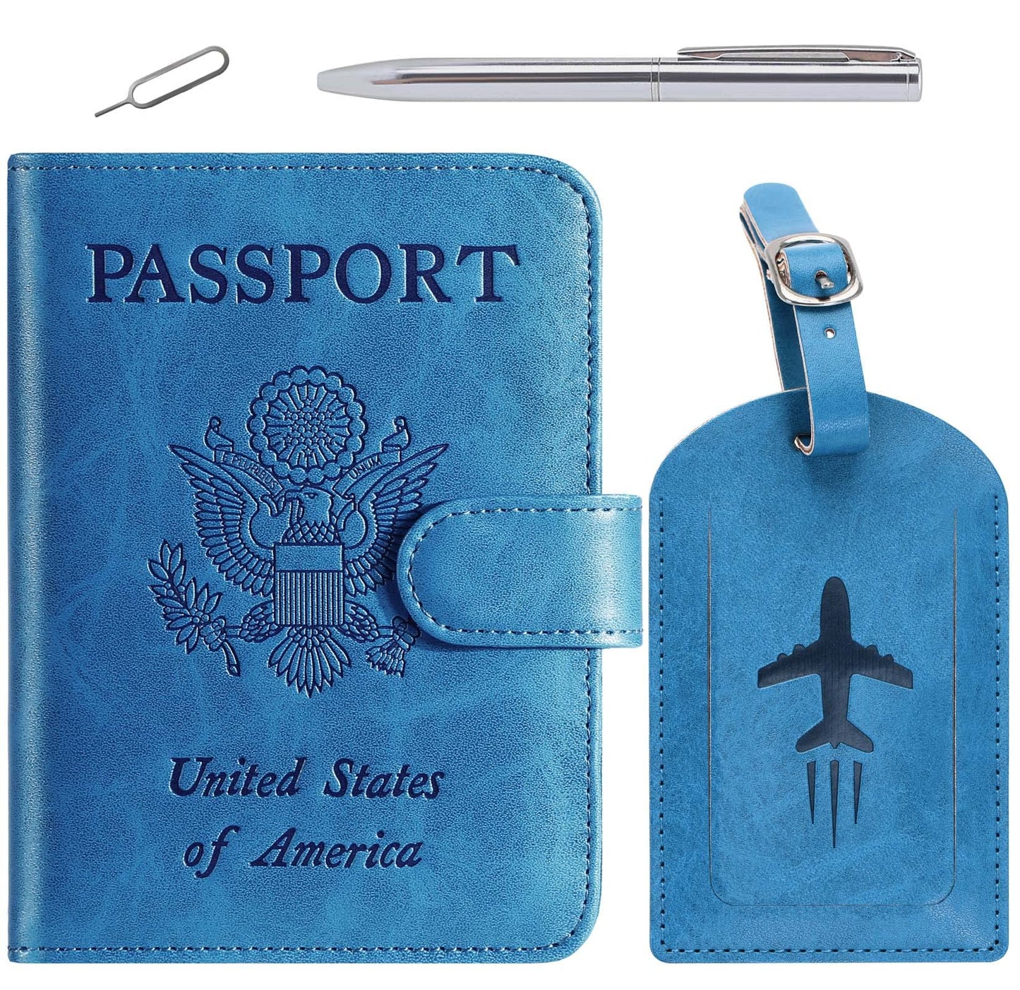 Passport Holder With Luggage Tag Cover Wallet RFID Blocking Leather Case Travel Essentials Accessories Travel Must Have(114#Blue)