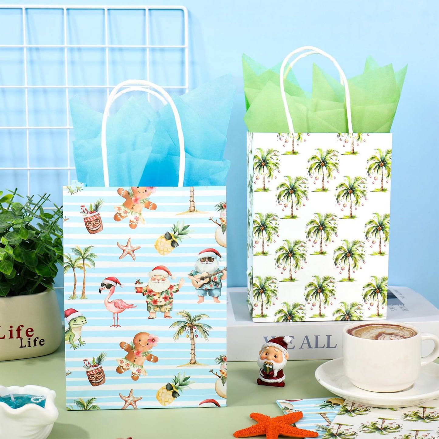 JarThenaAMCS 16 Pcs Summer Christmas Paper Gift Bag Watercolor Xmas in July Coconut Tree Santa Claus Treat Bags with Handles Tissue Paper Tropical Candy Goodie Bags for Holiday Party Favors Supplies