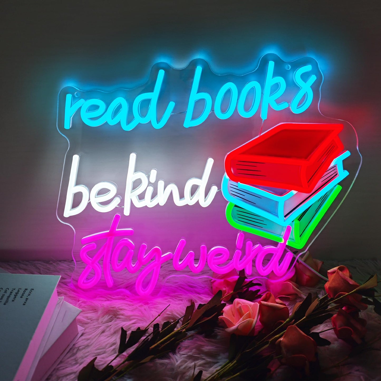 Read Books Be Kind Stay Weird Neon Sign Dimmable LED USB Powered Neon Light UP for Classroom Wall Decor Art Positive Bedroom Library Study Room Home for Student Kid Teen Birthday Party Christmas Backdrop Decoration Gift (Reaing Books)