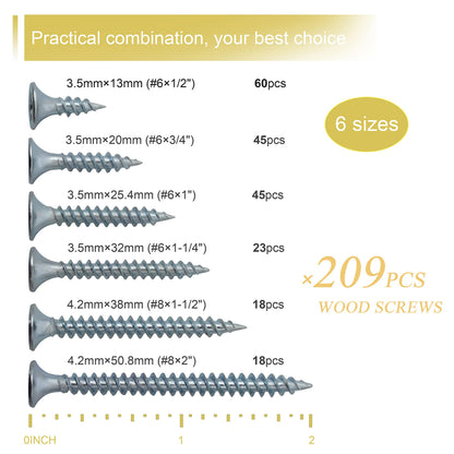 JEGONFRI High Hardness Wood Screws Assortment Kit, 209 pcs, Phillips Drive Flat Head, Wood Screws, Screws, Drywall Screws, Assorted Screws, Screws Set, 6 Sizes (2”,1-1/2”,1-1/4”,1”,3/4”,1/2”)