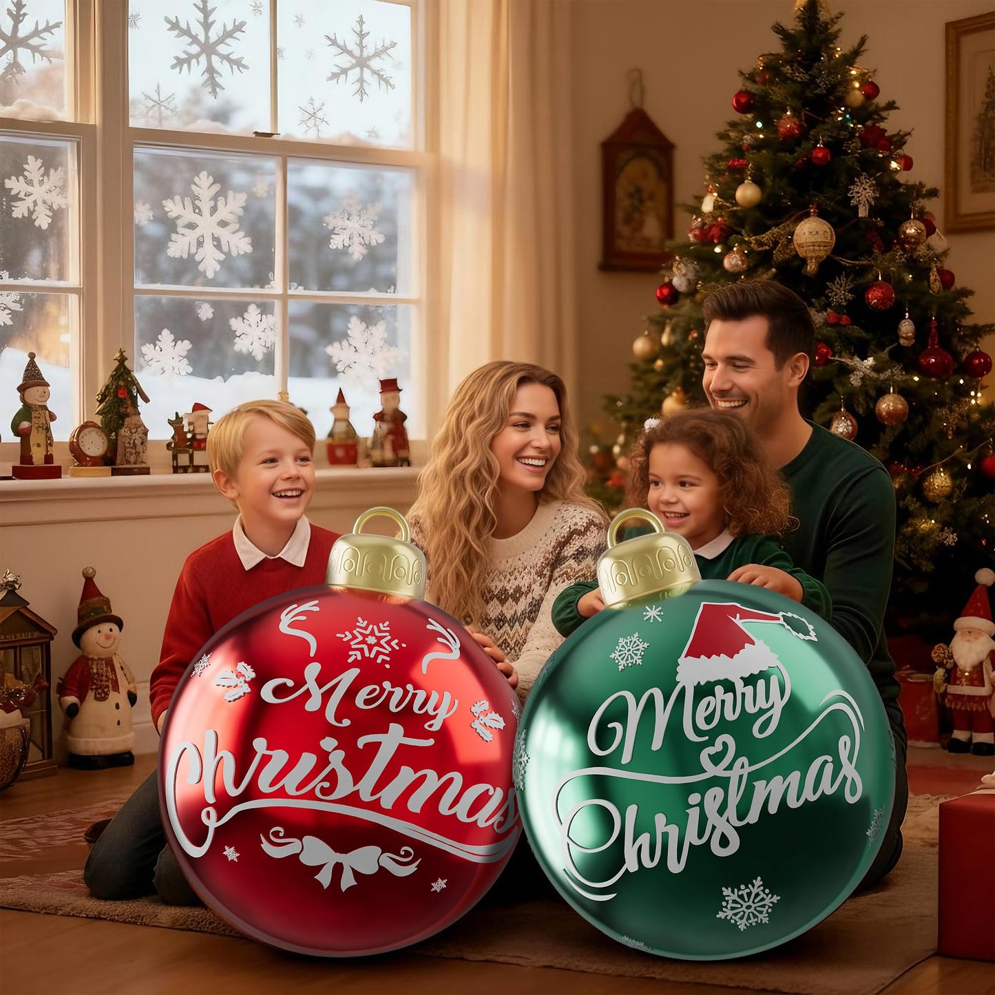 2PCS 24 Inch Inflatable Christmas Balls, PVC Large Inflatable Christmas Ornaments Blow up Ornament Ball, Blow up Ornament Xmas Decorations for Outside Holiday Yard Lawn Decor(Red Green Merrychristmas