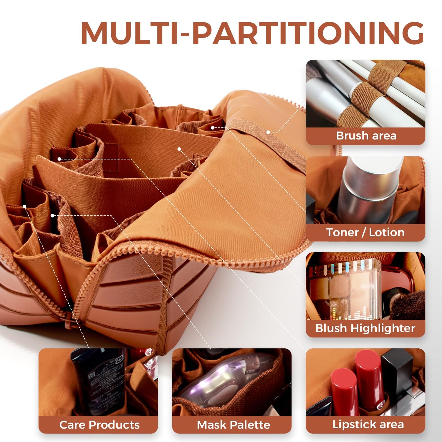 Travel Makeup Organizer Bag with Fold-Down Design and Adjustable Dividers, 27 Pockets & 3 Brush Storage Holders, Large Capacity Cosmetic Bags Toiletry Case - Brown