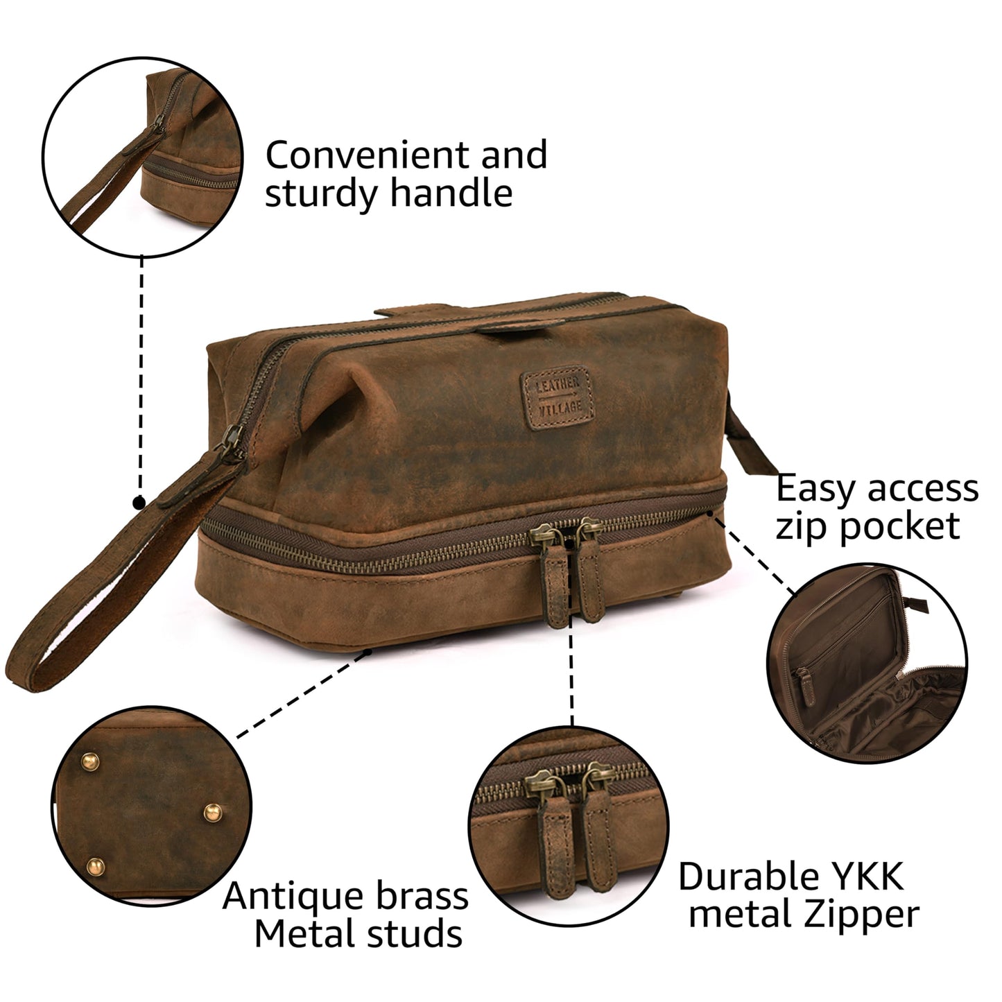 LEATHER VILLAGE Genuine Leather Dopp Kit – Large Travel Toiletry Bag with Waterproof Lining, Dual-Zip Design for Men & Women, Organizer for Shaving, Makeup & Essentials - Brown