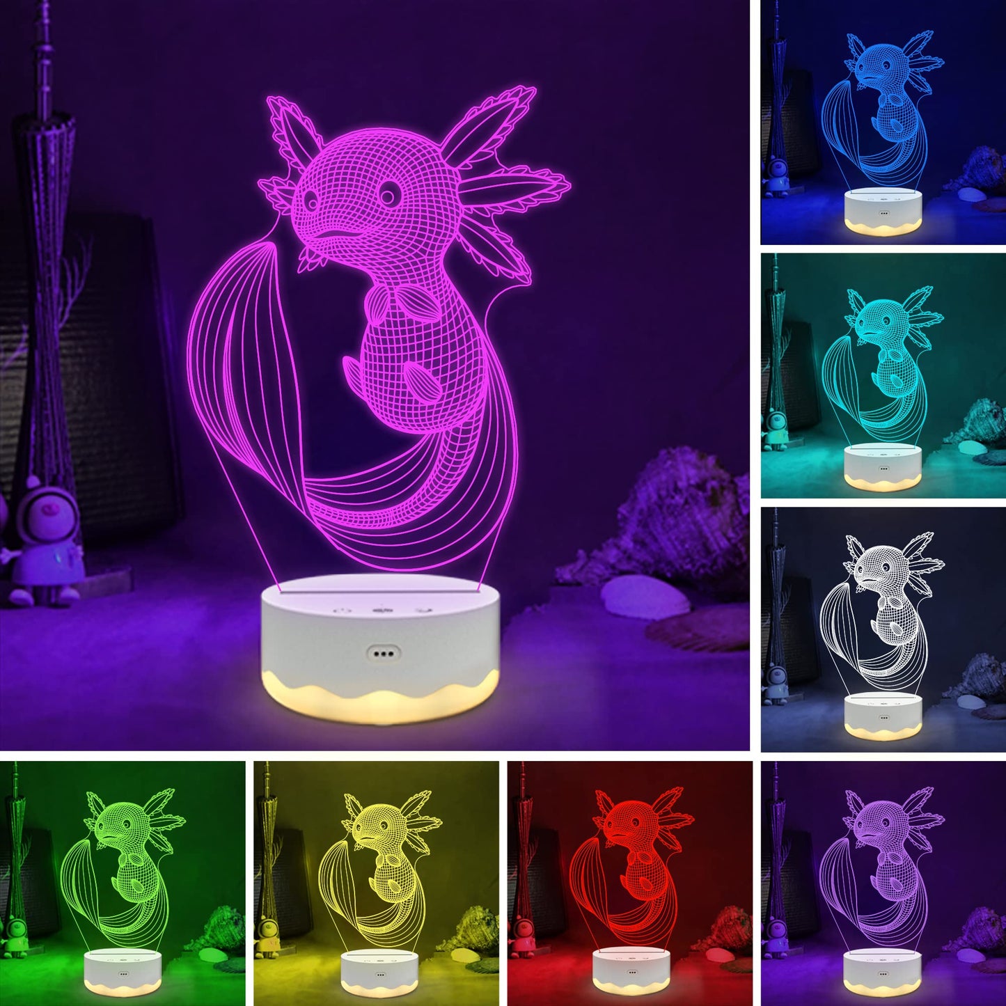Axolotl Night Light, 3D Illusion lamp with Remote + Touch 16 Color Flashing Changing + Timer Desk Lamps Kids Room Decor Best Festival Birthday Gifts (Axolotl)