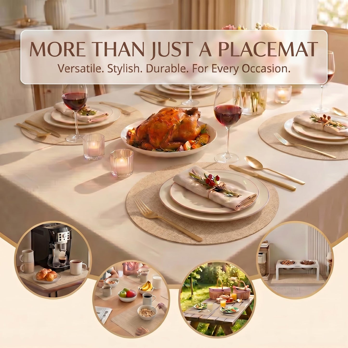 Faux Leather Placemats Set of 6, Wipeable Waterproof Stain Resistant Table Mats, Heat Resistant Thick Placemats with Hand-Painted Edges for Kitchen Dining, Imitative Linen Texture, Various Shapes