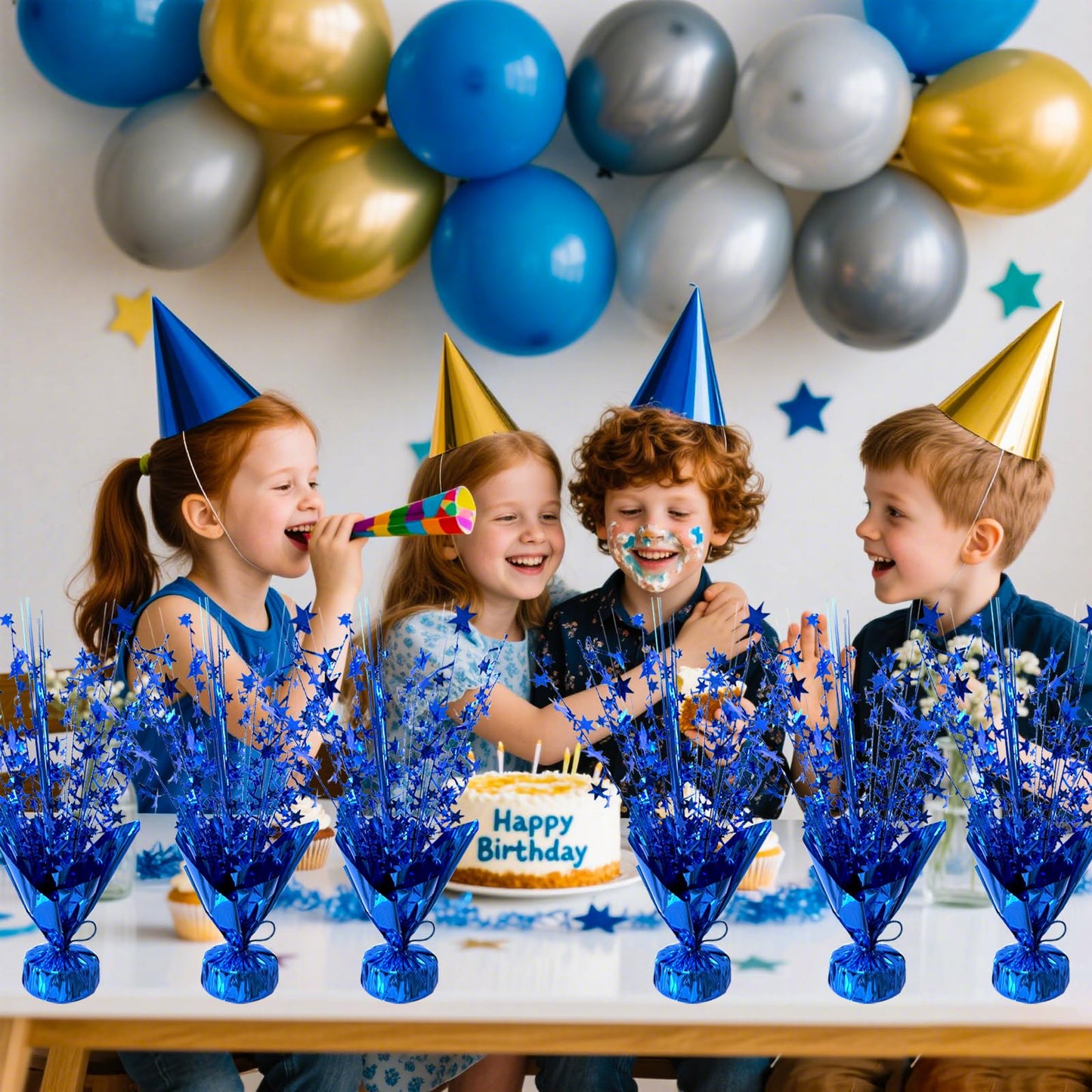 YinNorth 12 Pcs Metallic Foil Spray Centerpiece Party Star Table Decoration Brust Glitter Table Topper Decor for Birthday Graduation Holiday Christmas Dining Celebration New Year Party Supplies, Blue