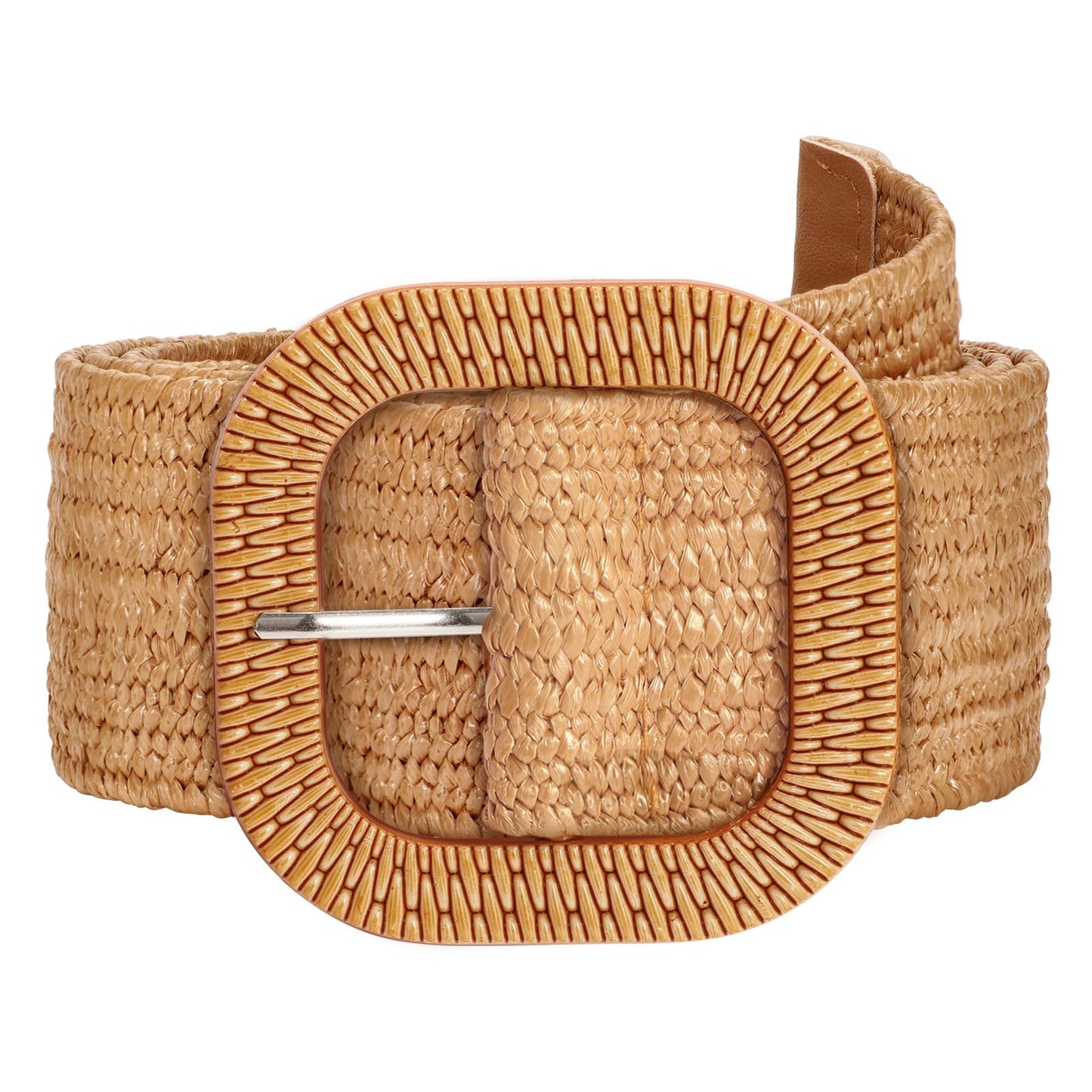 SUOSDEY Straw Woven stretchy Waist Belt for Women Dresses,Wide Boho Braided Elastic Belt with Round Buckle