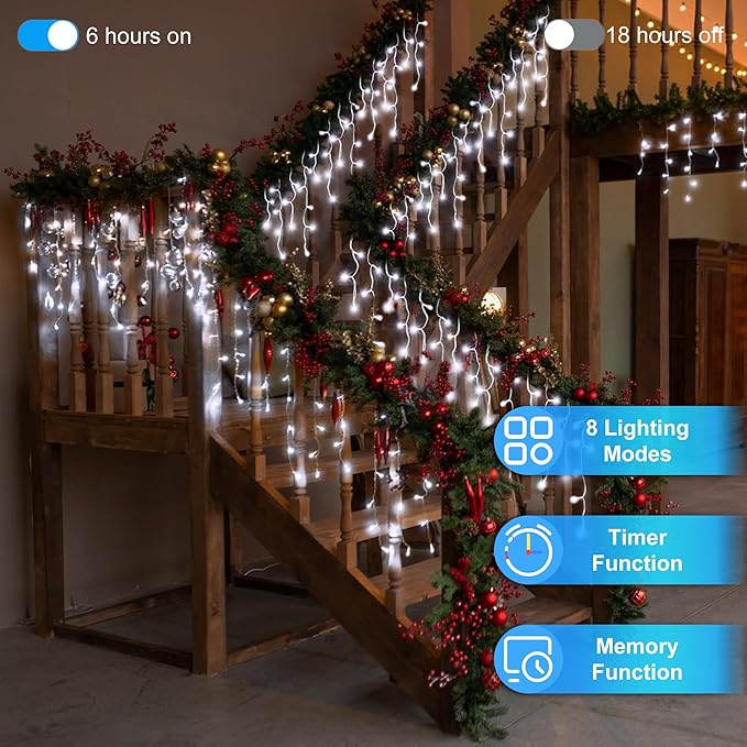66 FT LED Christmas Lights with 140 Drops, 490 LED Indoor Outdoor Christmas Decorations, 8 Lighting Mode Waterproof Fairy Lights with Timer for Xmas Holiday Wedding Yard Party Cool White