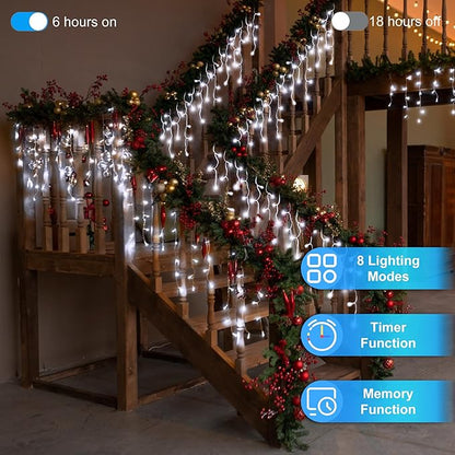 66 FT LED Christmas Lights with 140 Drops, 490 LED Indoor Outdoor Christmas Decorations, 8 Lighting Mode Waterproof Fairy Lights with Timer for Xmas Holiday Wedding Yard Party Cool White