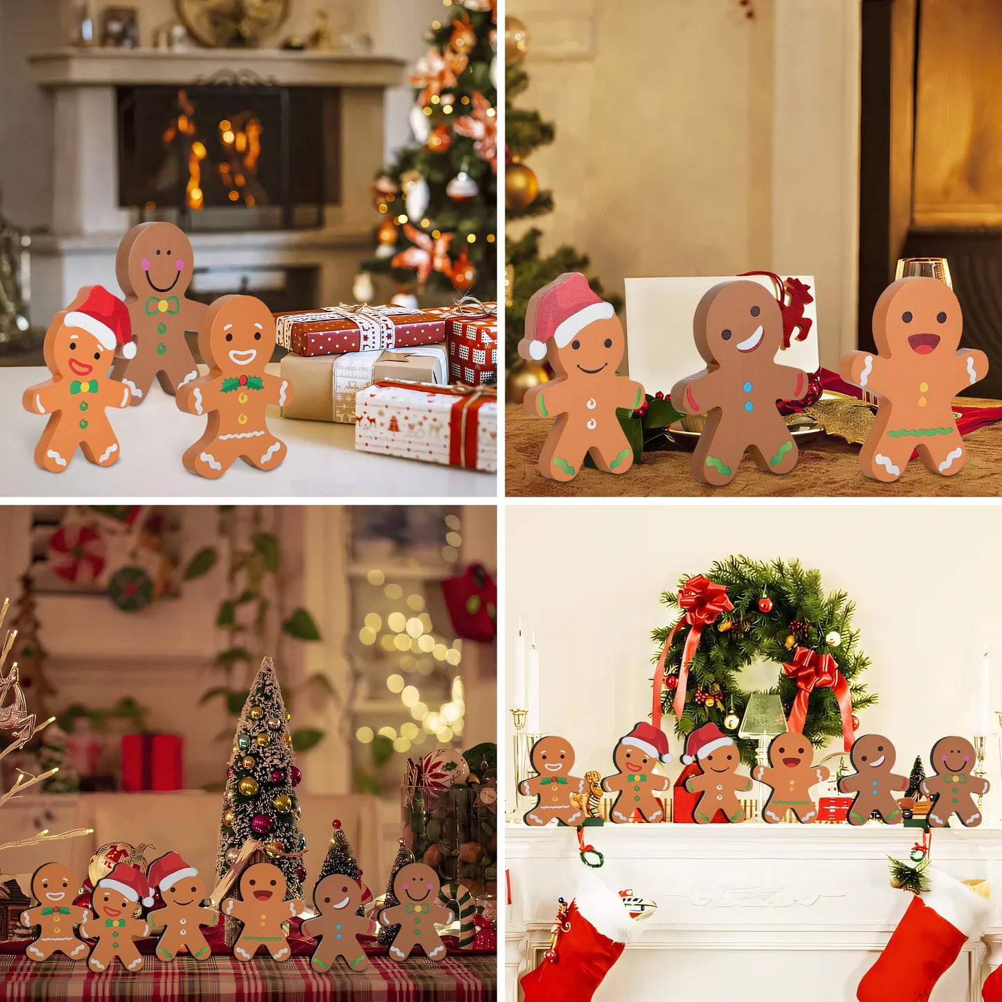 AllReal 6 Pcs Gingerbread Christmas Decorations Xmas Gingerbread Man Wooden Signs Farmhouse Decorative Winter Tabletop for Tiered Tray Holiday Party House Decor