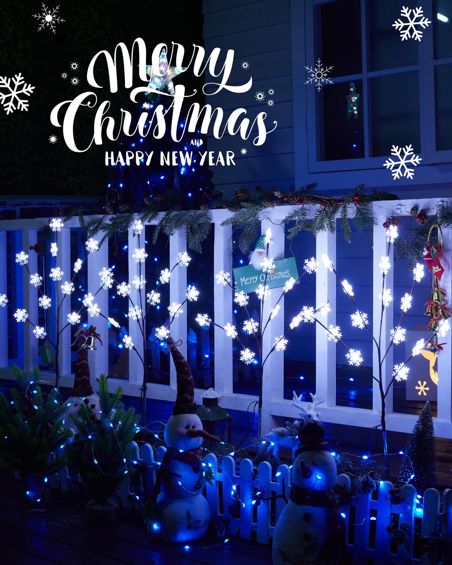 Brightown Snowflake Lights Outdoor Pathway, 4 Packs Lighted Branches Christmas Yard Decor, Small Christmas Tree with Lights, Twig Branch Light Outdoor Christmas Decorations Yard, White