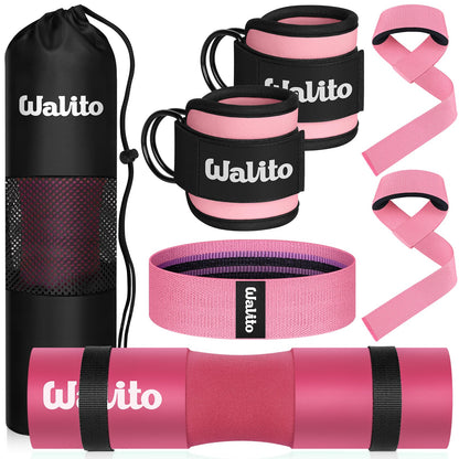 WALITO 8Pcs Barbell Pad Set for Hip Thrust - Squat Pad,Gym Accessories for Women with Bar Bad,Bench Press, with Gym Ankle Straps,Resistance Bands for Working Out,Lifting Strap,Carry Bag (1-Pink)