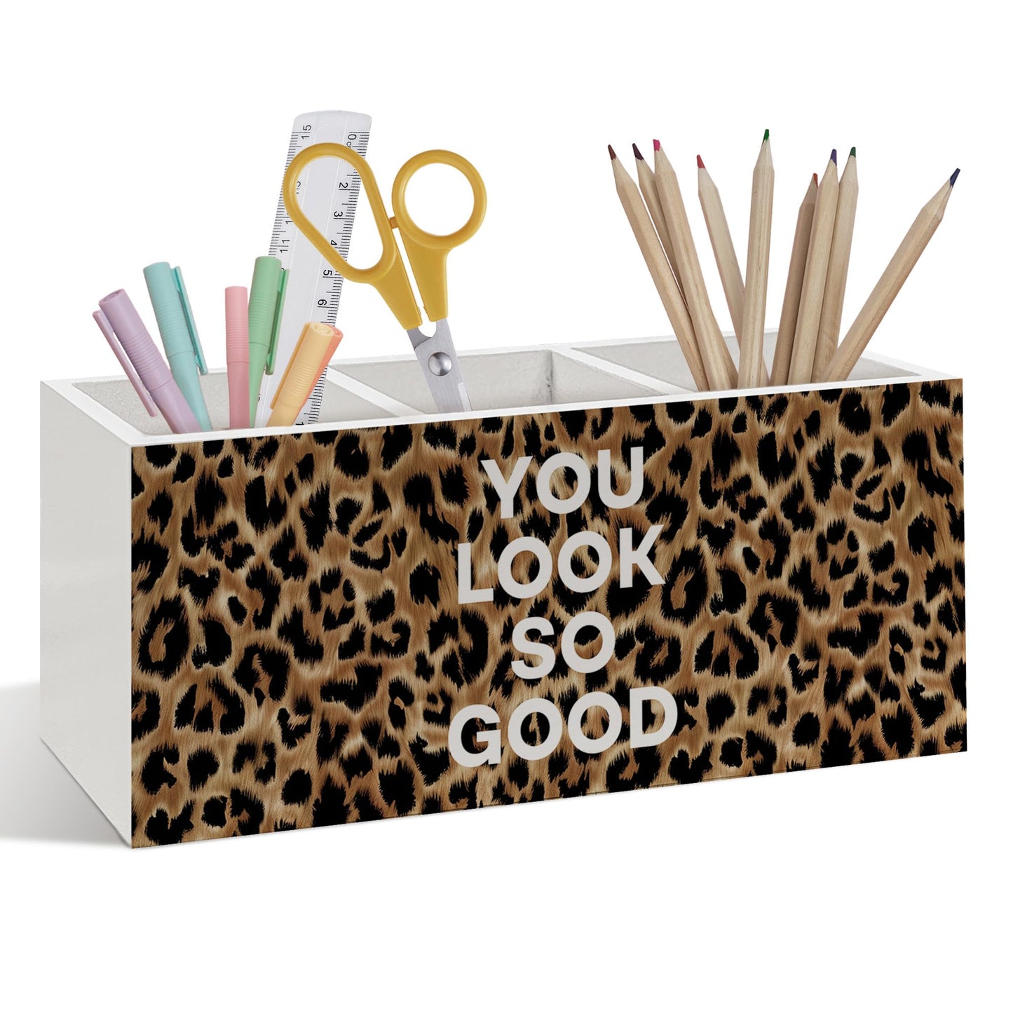 Foyoulame Inspirational Leopard Print Pen Pencil Holder, Cheetah Desk Accessories, Trendy Leopard Print You Look So Good Wooden Pen Pencil Organizer for Y2k Room Dorm Desk Decor