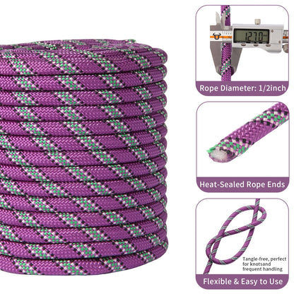 Arborist Rope Tree Climbing Rope(1/2 Inch x 100ft) 48 Strands Bull Rope for Construction Climbing Swing Sailing