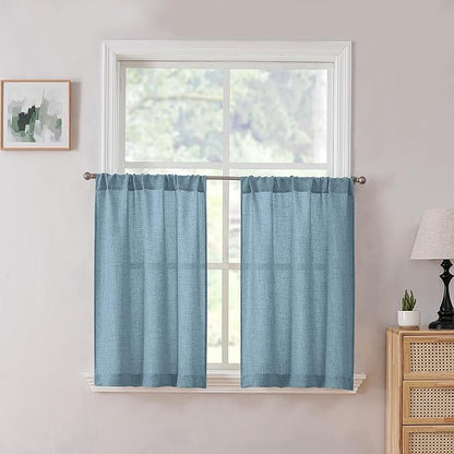 Tollpiz Linen Tier Curtain Rod Pocket Semi Sheer Half Kitchen Curtains Burlap Light Filtering Thick Linen Drape for Bathroom, 30 x 36 inches Long, Dusty Blue, Set of 2 Panels