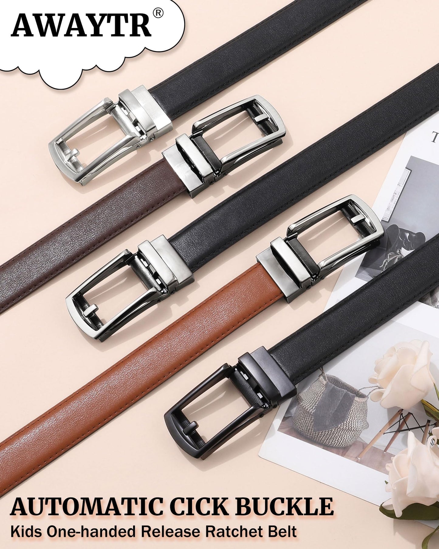 AWAYTR Boys Ratchet Belt for Kids - Brown and Brown Leather Belts for Dress Pants Uniform Jeans (80cm,Gunmetal-Brown)