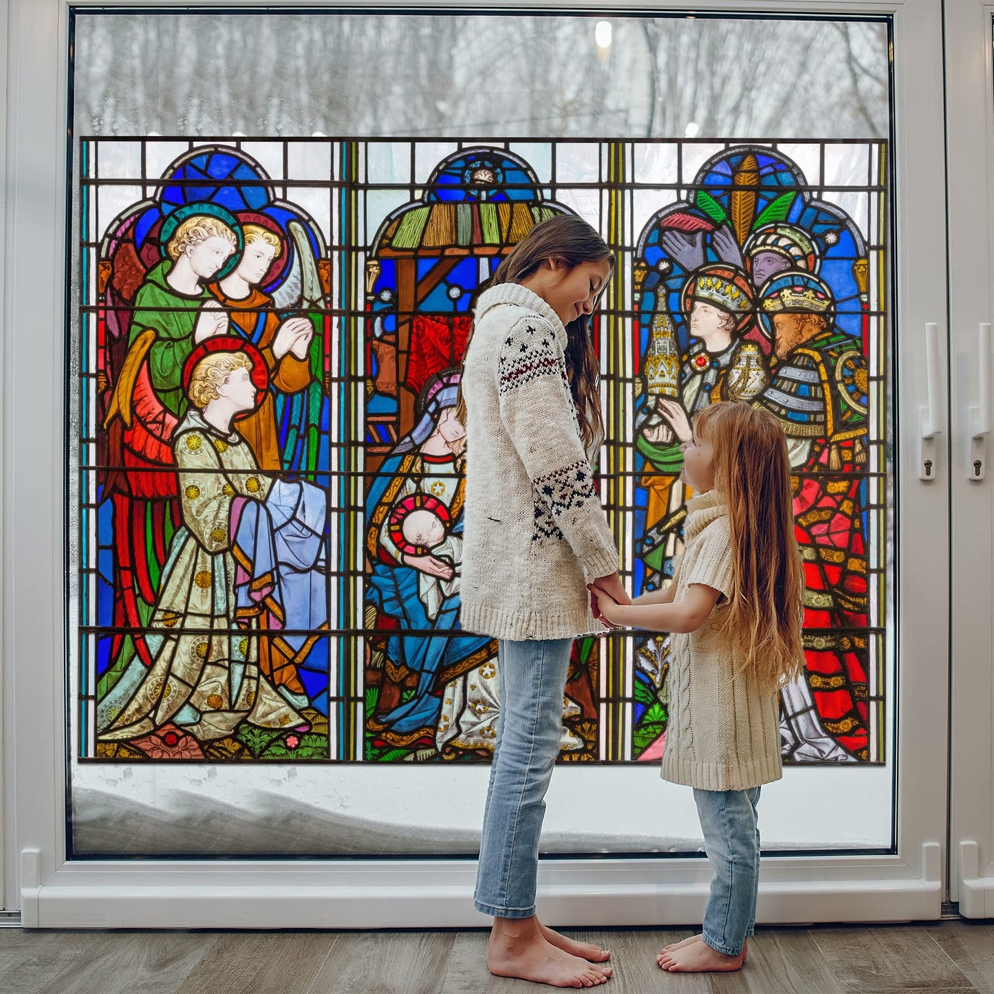 Spiareal Christmas Window Clings Nativity Decorations Reusable Non Adhesive Sticker Vinyl Religious Holiday and Door Decor Decals for Home Xmas (46.06 x 59.06 Inch)