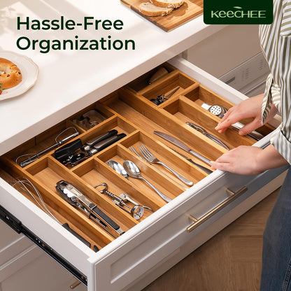 Carbonized Bamboo Kitchen Drawer Organizer, 8 Slots Silverware Organizer, Utensil Holder & Cutlery Tray, 2.2" Deep for Extra Capacity, Non-Slip Feet Included