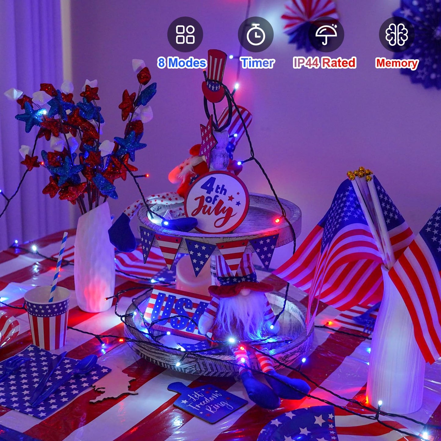 QITONG 500 LED Red White and Blue String Lights, 165ft 4th of July Decorations Lights Plug in Outdoor Indoor, 8 Modes Patriotic Light Green Wire for Independence Memorial Day Décor