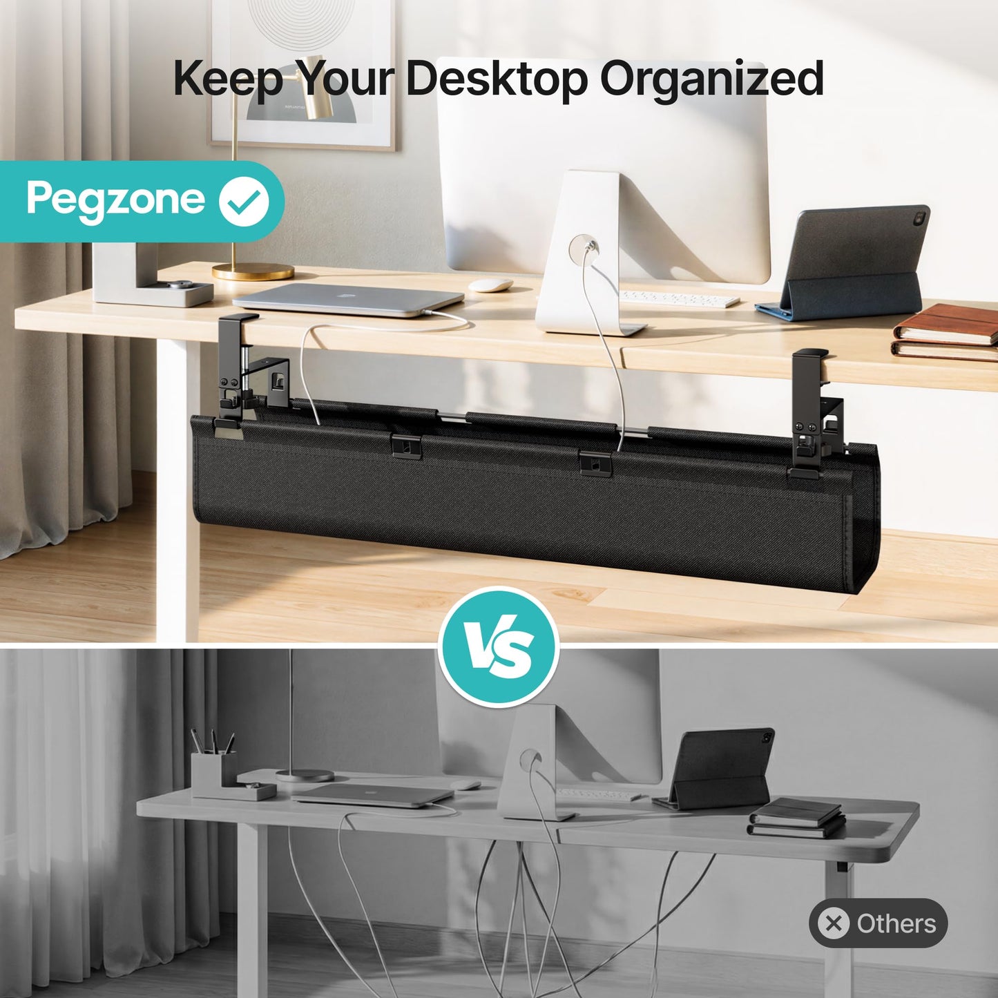 PEGZONE No Drill Under Desk Cable Management Tray, 31.5" Cord Management Under Desk for Table, Clamp Mount Desk Cable Management, Premium Fabric Wire Management Tray for Office, Home