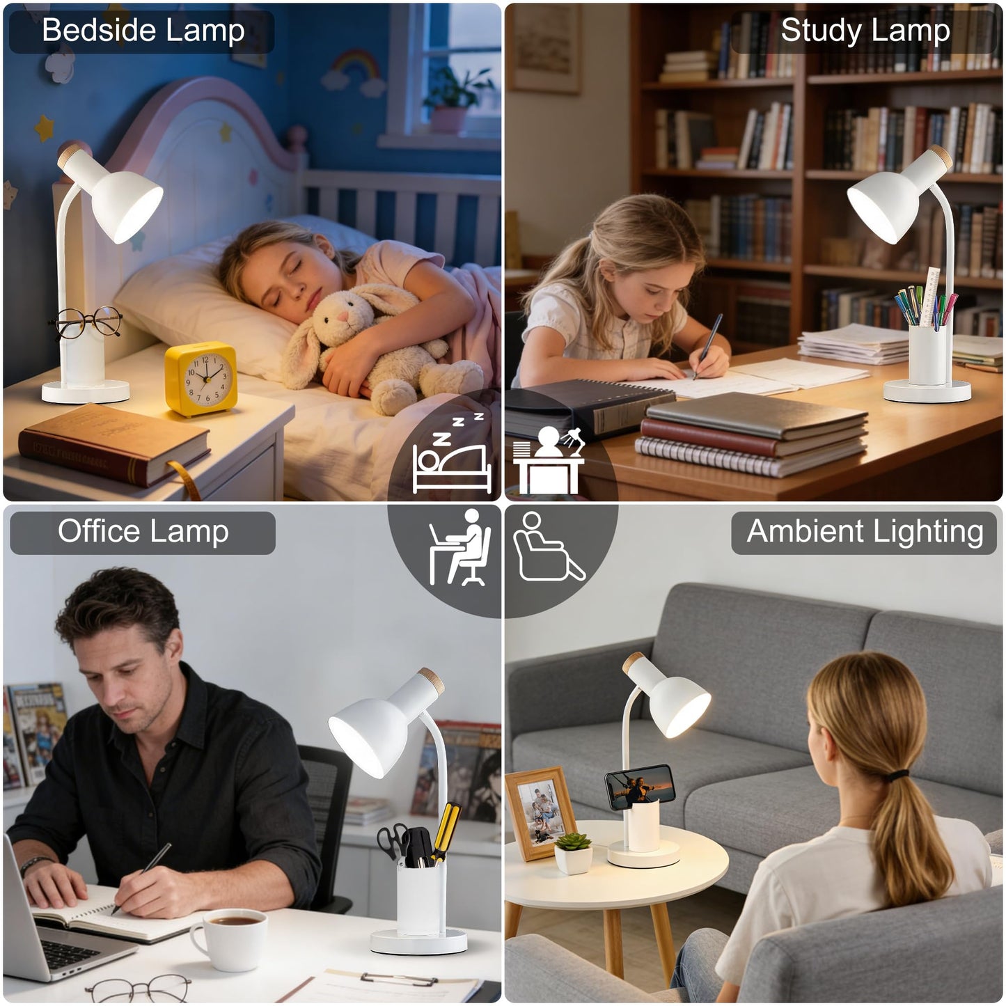 WLHONG LED Desk Lamp, Table Lamps with Pen Holder, 3 Color Modes Eye-Caring Reading Light with Flexible Gooseneck, Study Lamp for Kids Bedside Home Office Room College Dorm Essentials (White)