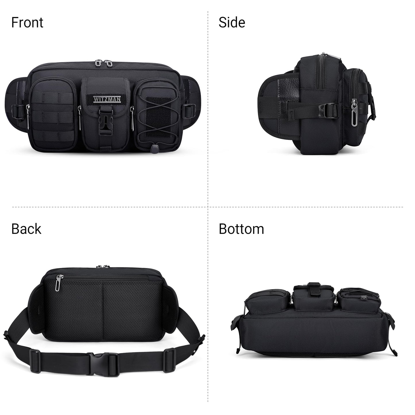 WITZMAN Fanny Pack for Men Fashion Waist Zipper Pack Bags Mens Belt Bag with Multi-pocket for Traveling Daily Walking（B733 Black）