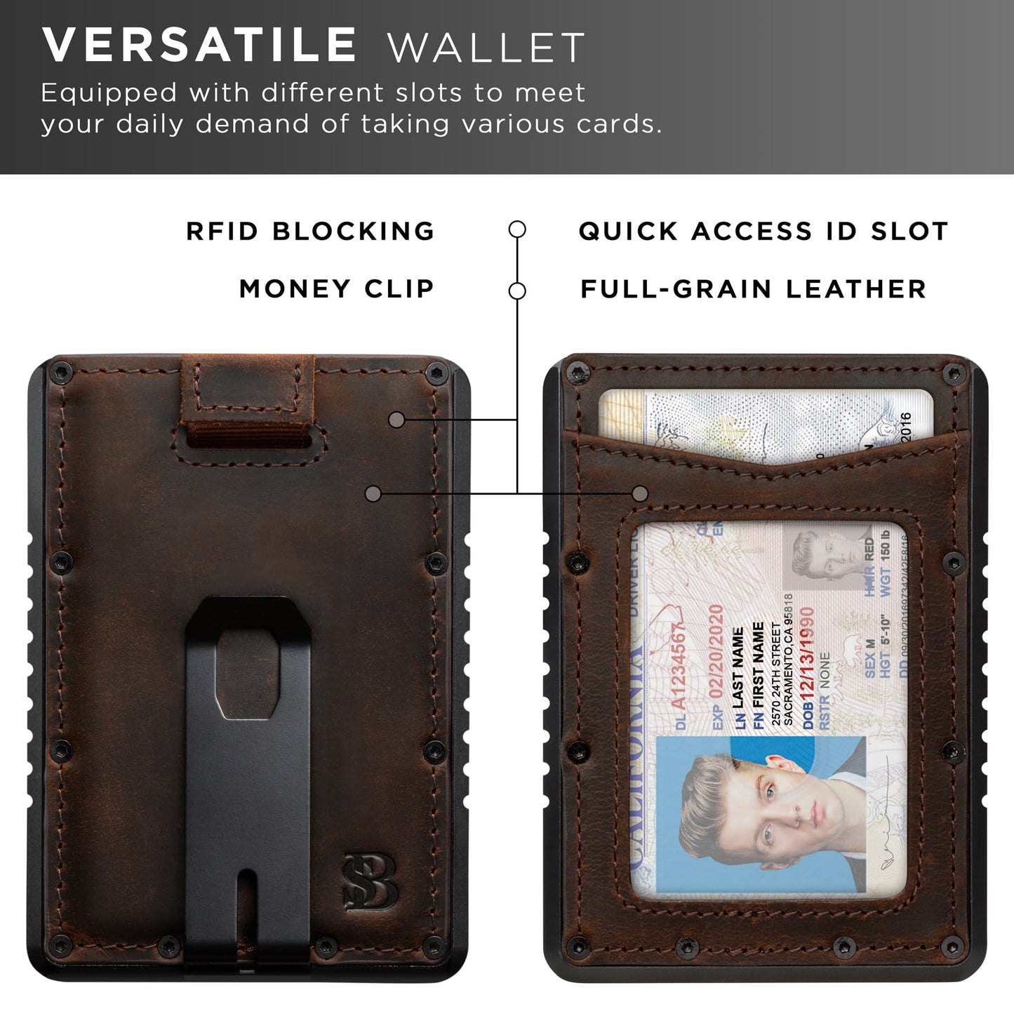 SERMAN BRANDS Metal Wallet - Slim RFID Blocking Wallet for Men with Money Clip - Metal Minimalist Front Pocket Wallet - Thin and Compact – Full Grain Leather Card Holder for Men - Texas Brown Raptor