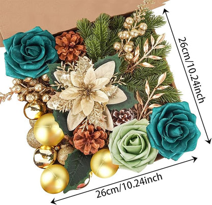Christmas Flowers Artificial Box Set, Christmas Themed Floral Decorations for DIY Christmas Tree Ornament Wedding Birthday Wreath Decoration (A)