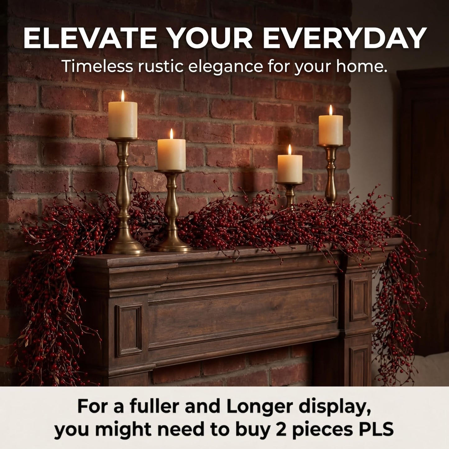 Quixem 60 Inch (5FT) Rustic Red Pip Berry Garland for Fireplace Mantel & Table Runner, Flexible Wired Artificial Vine, Christmas & Americana Farmhouse Décor Everyday Décor