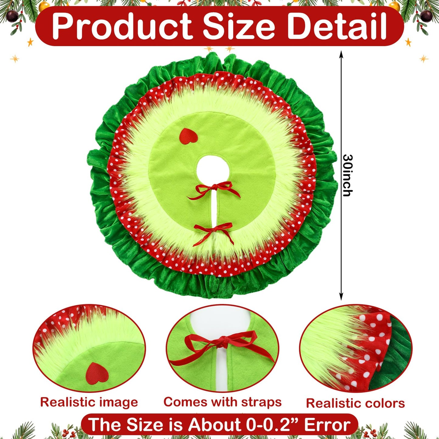 Gemscream 30 Inches Green Christmas Tree Skirt Xmas Decorations with Red Heart Patch for Tree Mat Collar with Red Green Trim for Christmas Party Indoor Outdoor Holiday Party Decor