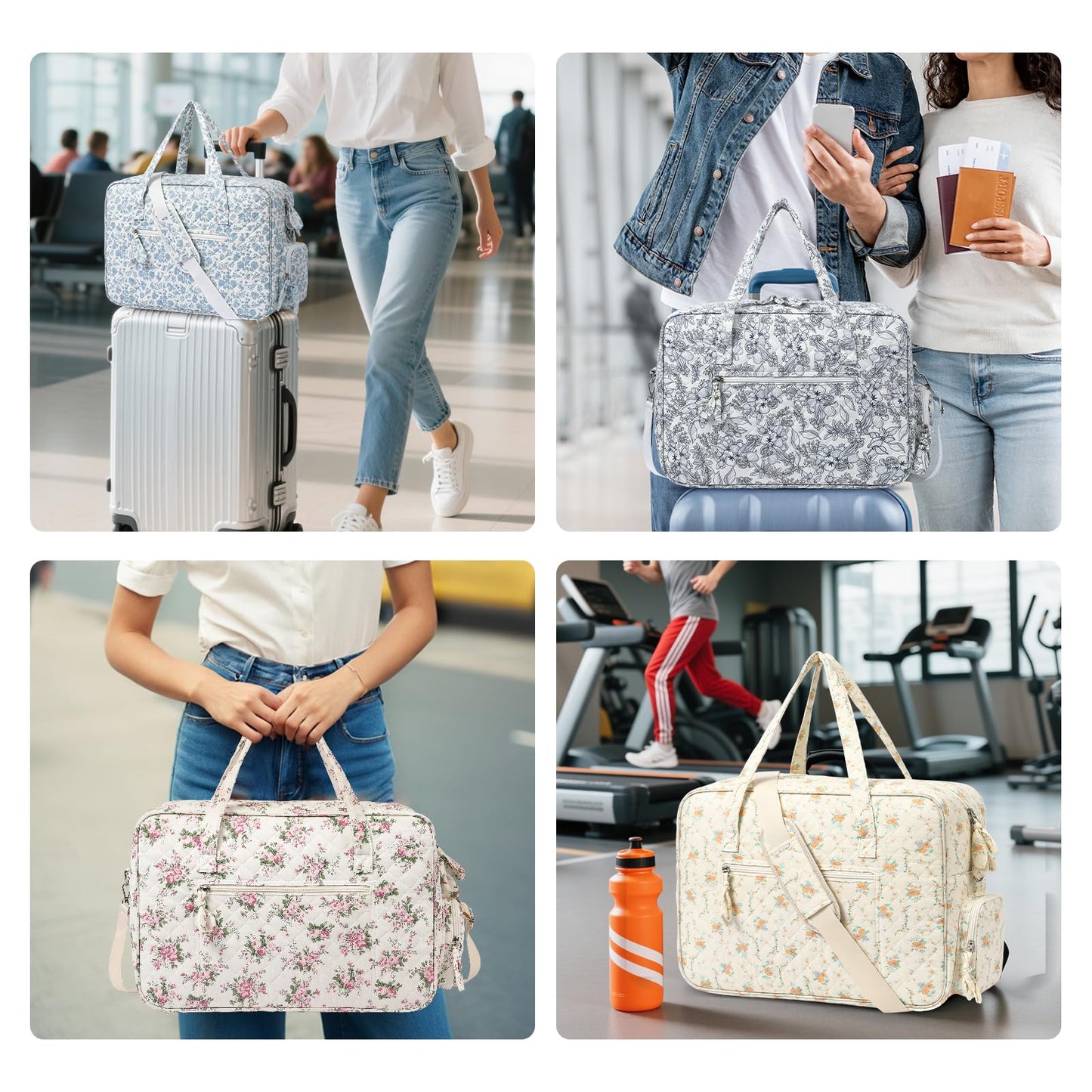 Quilted Duffle Bag for Women, Quilted Weekender Bag, Quilted Travel Bag, Large Floral Duffle Bags with Adjustable Straps