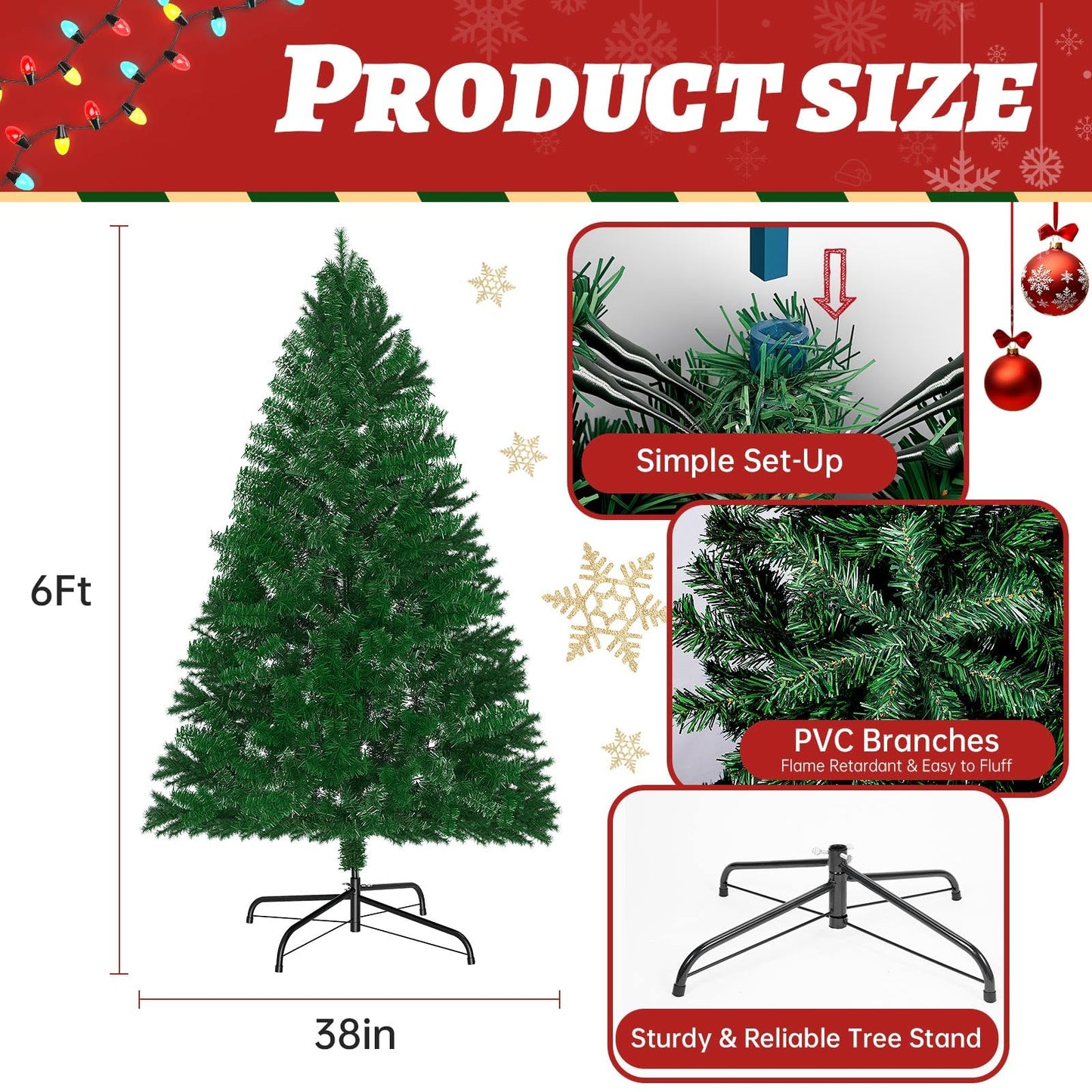 LEVELEVE Premium Pre-Lit 6FT Classic Artificial Holiday Christmas Tree w/1,000 Branch Tips,250 LED Lights for Home,Office,Party Decoration