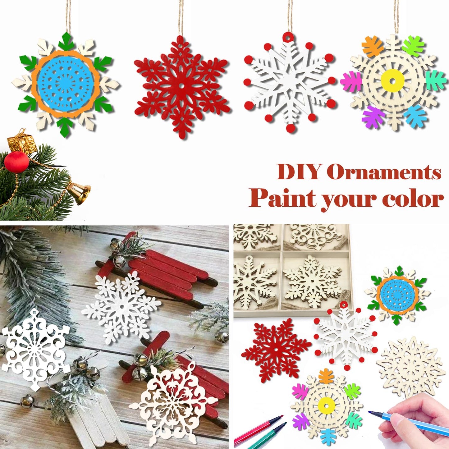 45pcs Large Christmas Wooden Snowflakes Hanging Ornaments DIY Craft Snowflake Wooden Ornaments Unfinished Wood Cutout Christmas Decorations Tree Decor Kids Paint