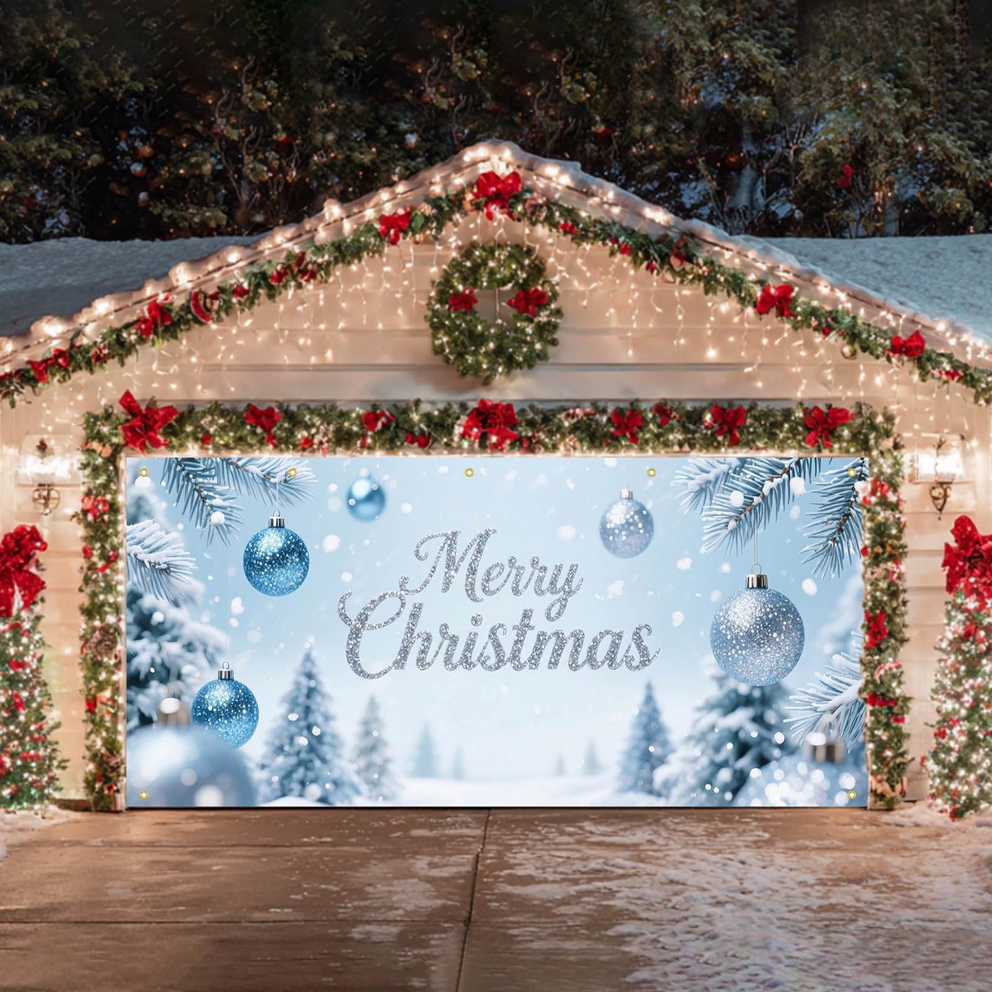 HOMETITUTE Merry Christmas Garage Door Banner 13x6ft Ornaments Snow Trees Theme Backdrop Outdoor Garage Door Cover Winter Scene Display Holiday Yard Decorations for Party Garage Wall Covering