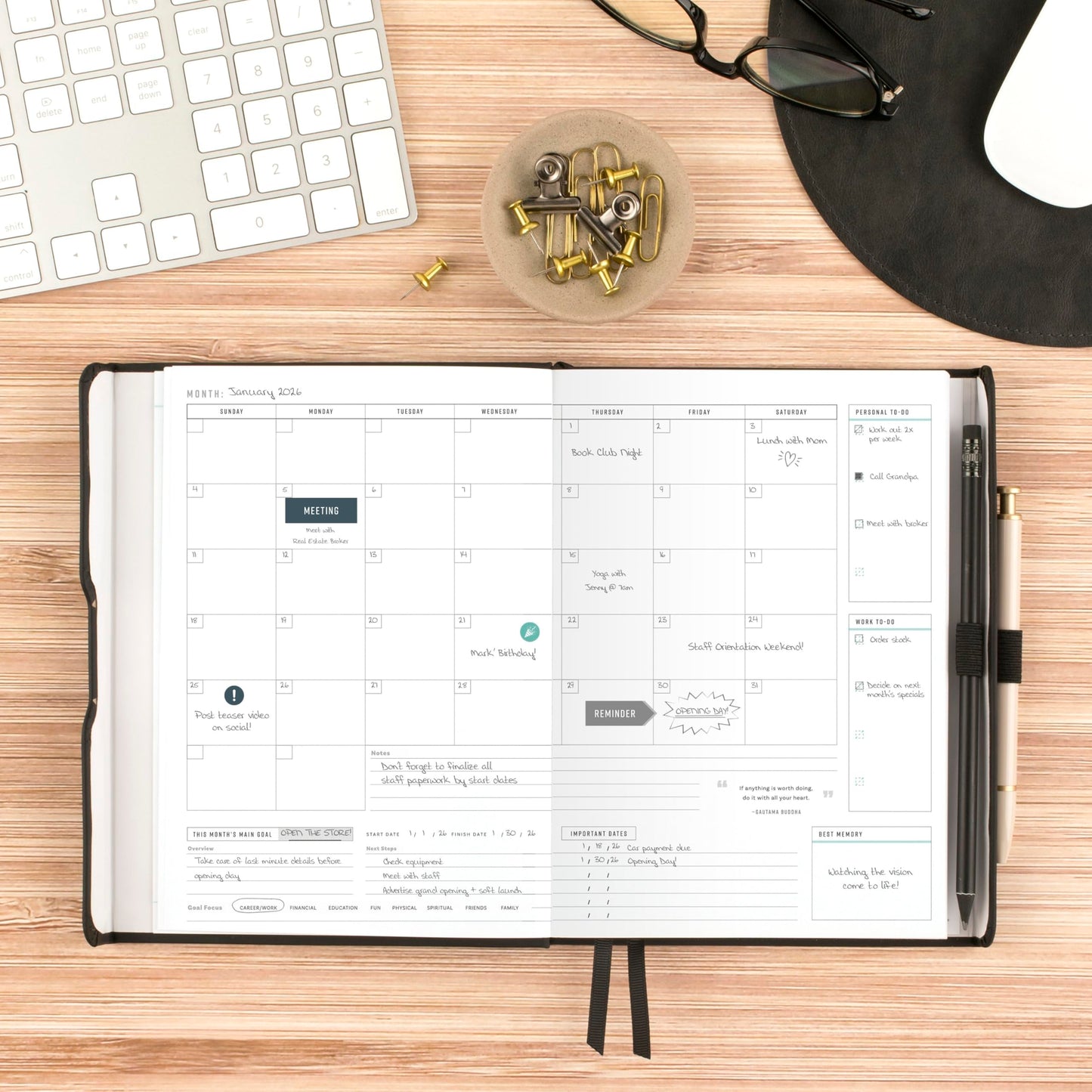 AT-A-GLANCE Undated Planner, Weekly & Monthly Goal Setting Journal, Track Progress, Create Habits, 5-3/4" x 8-1/4", Foundation, Black (FD2-200-05)