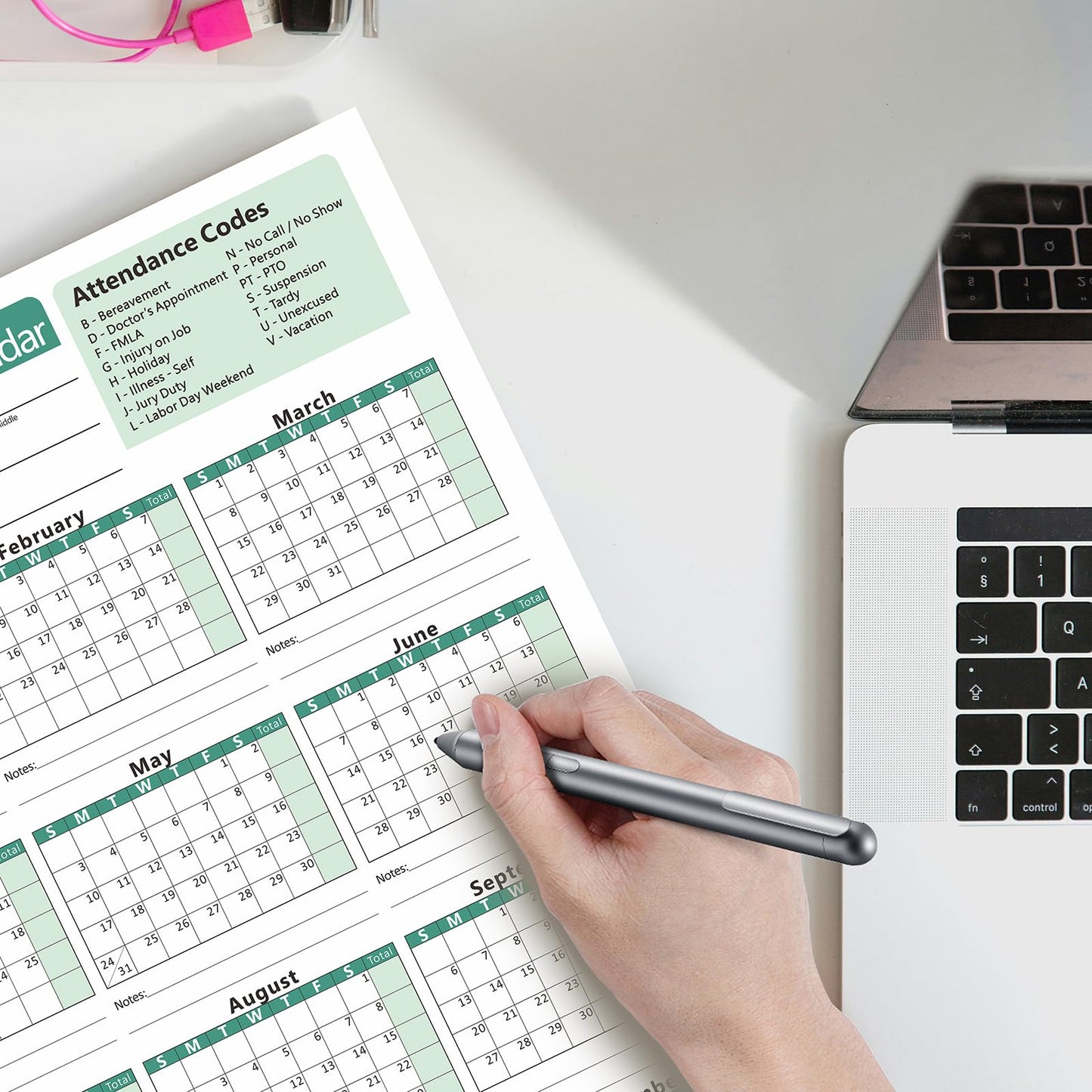 VistaRise 2026 Attendance Calendar, Employee Work Tracker Attendance Calendar cards - 3-Hole Punched for Binder, Cardstock, 8.5 x 11 in (Letter Size), Pack of 25 Sheets, Green