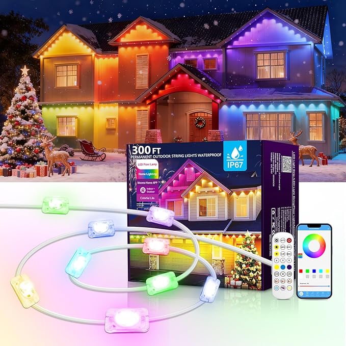 300FT Christmas Permanent Outdoor Lights,RGB+IC Eaves Lights with App & Remote Control,DIY Multi-Color Scene Modes,IP67 Waterproof,Outdoor Strings for House,Holiday Decorations for Christmas
