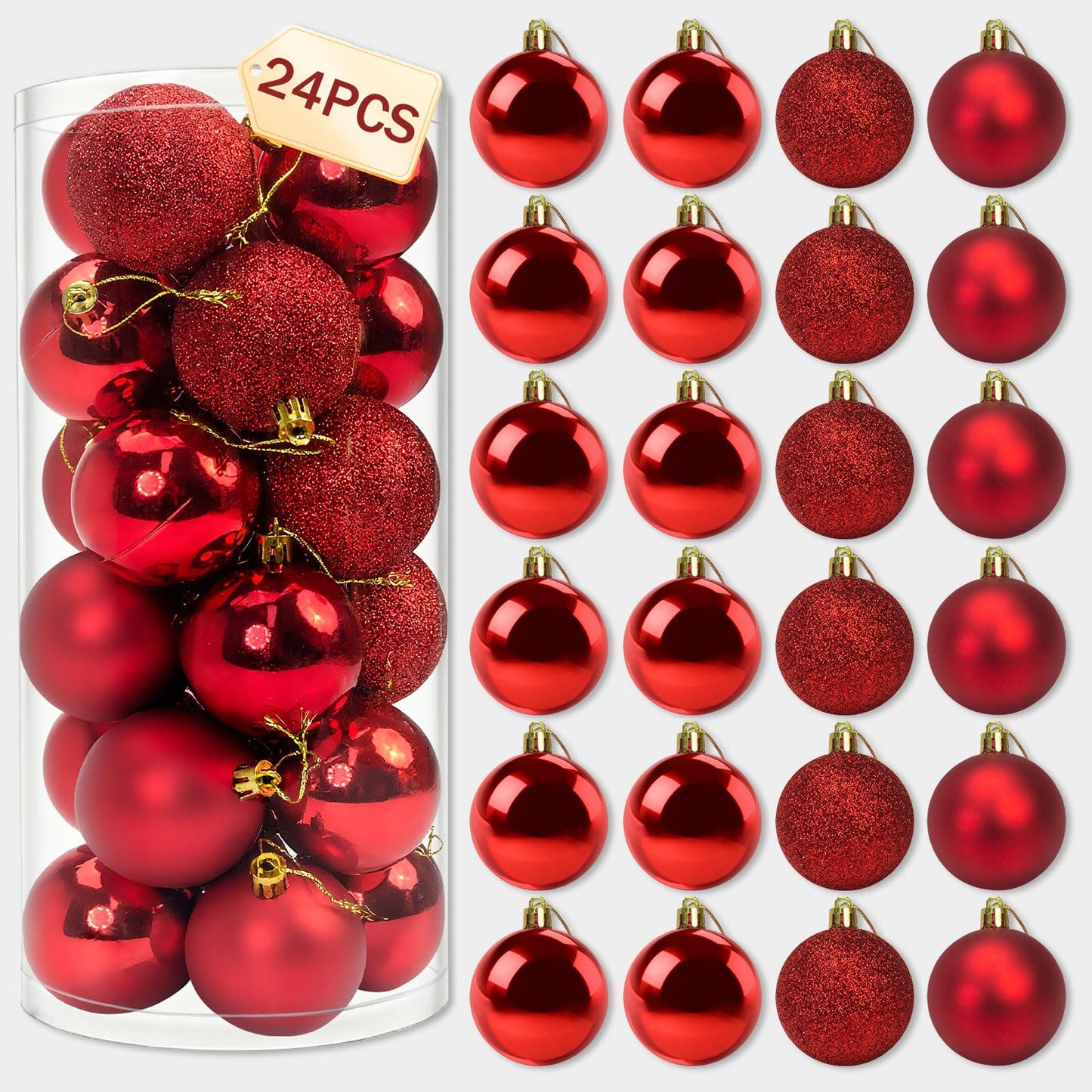 Napzy 24 Count Shatterproof Christmas Ball Ornaments Set, 2.36 Inch Red Christmas Tree Decorations for Xmas Holiday Party Decor, Wreath and Garland Hanging Balls