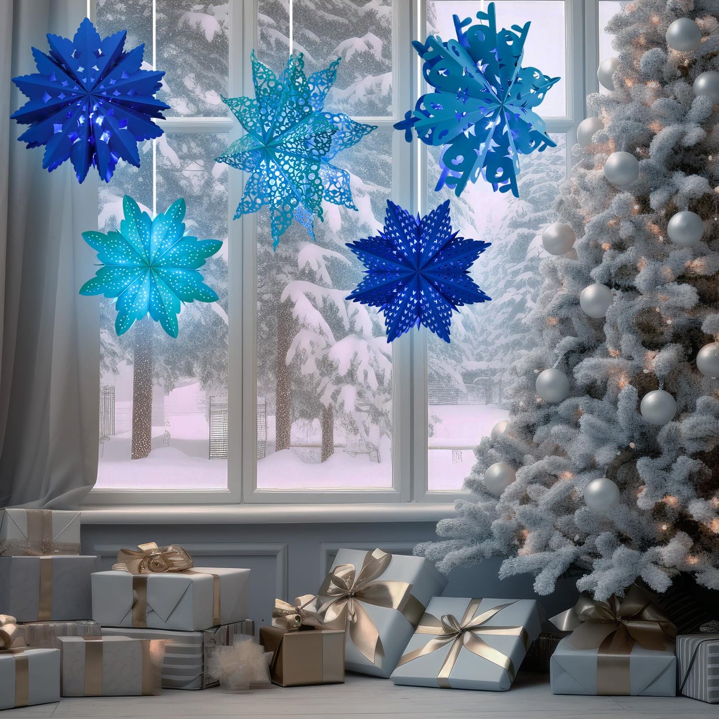 Mudder 5 Pieces Large Christmas Snowflake Paper Lantern with 7 Light 23.6/17.7 Inch Star Paper 3D Hanging Lantern Lamp Party Decoration for Weddings Holiday Xmas Trees(Fresh Style,Blue)