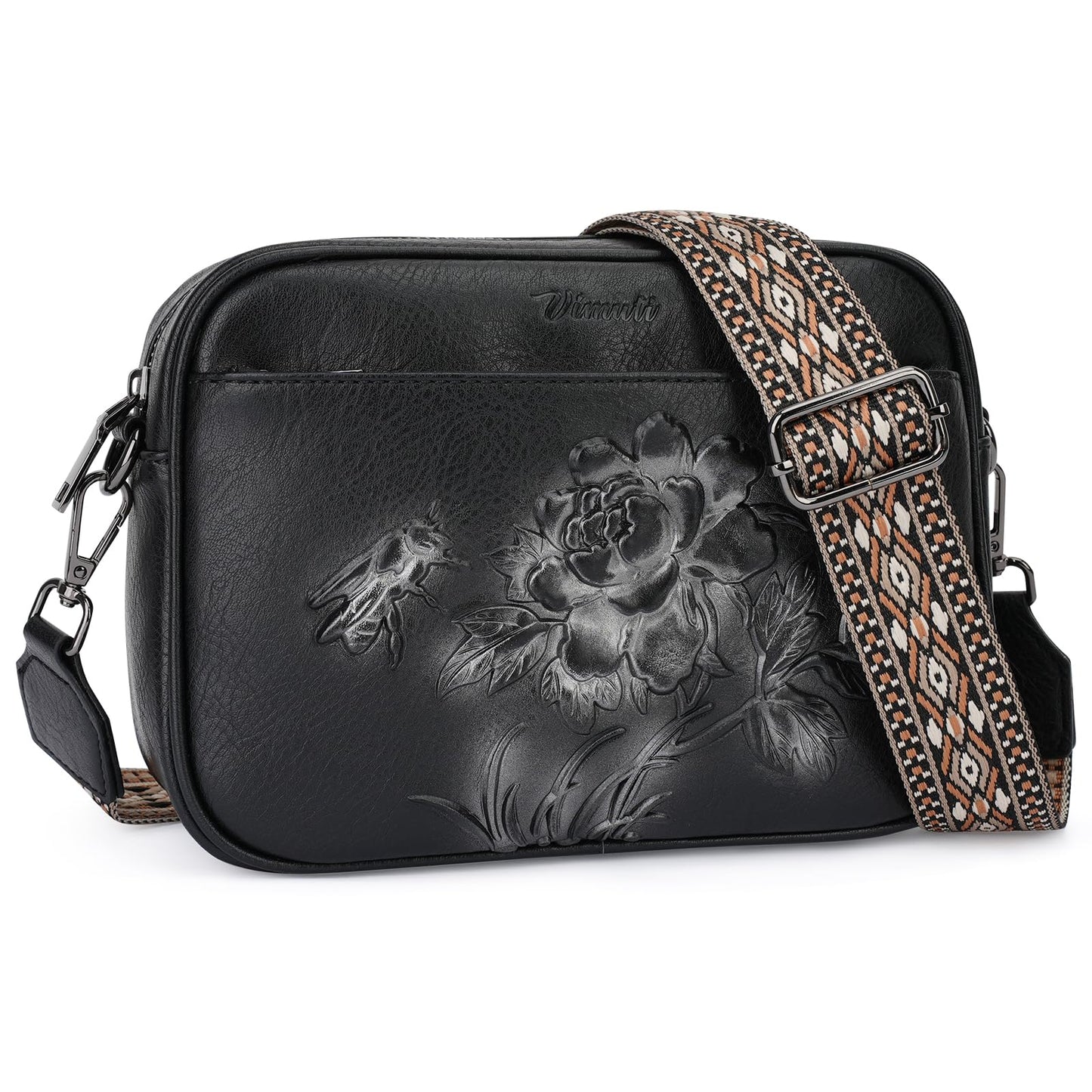 VIMUTI Small Crossbody Purses for Women, Trendy Vegan Leather Crossbody Bag Embossed Travel Shoulder Handbags with Wide Strap (Black)